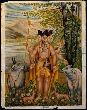 Dattatreya with his four dogs amongst cows-Wellcome V0045071.jpg